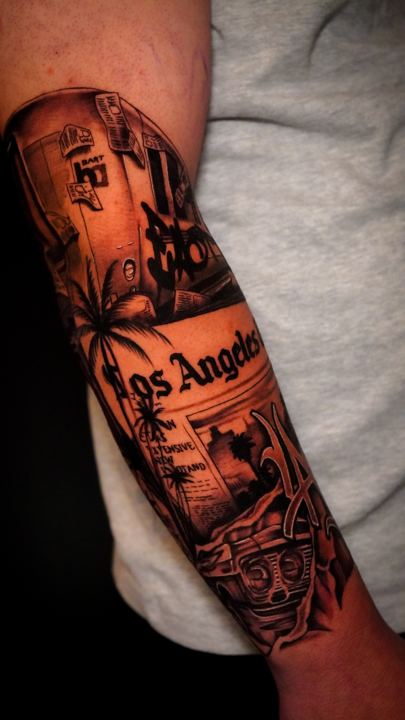 Black and grey realism Los Angeles themed forearm sleeve
